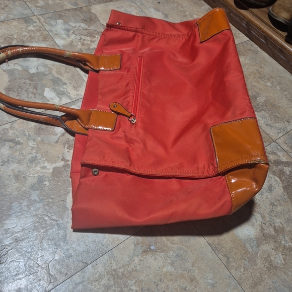 Tory Burch Tote Bag Handbag Nylon/Leather Red Brown - Picture 4 of 10